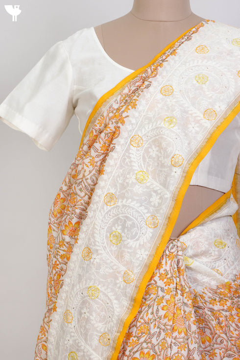 Chanderi Silk Saree With Chikankari Embroidery In Floral Block Print